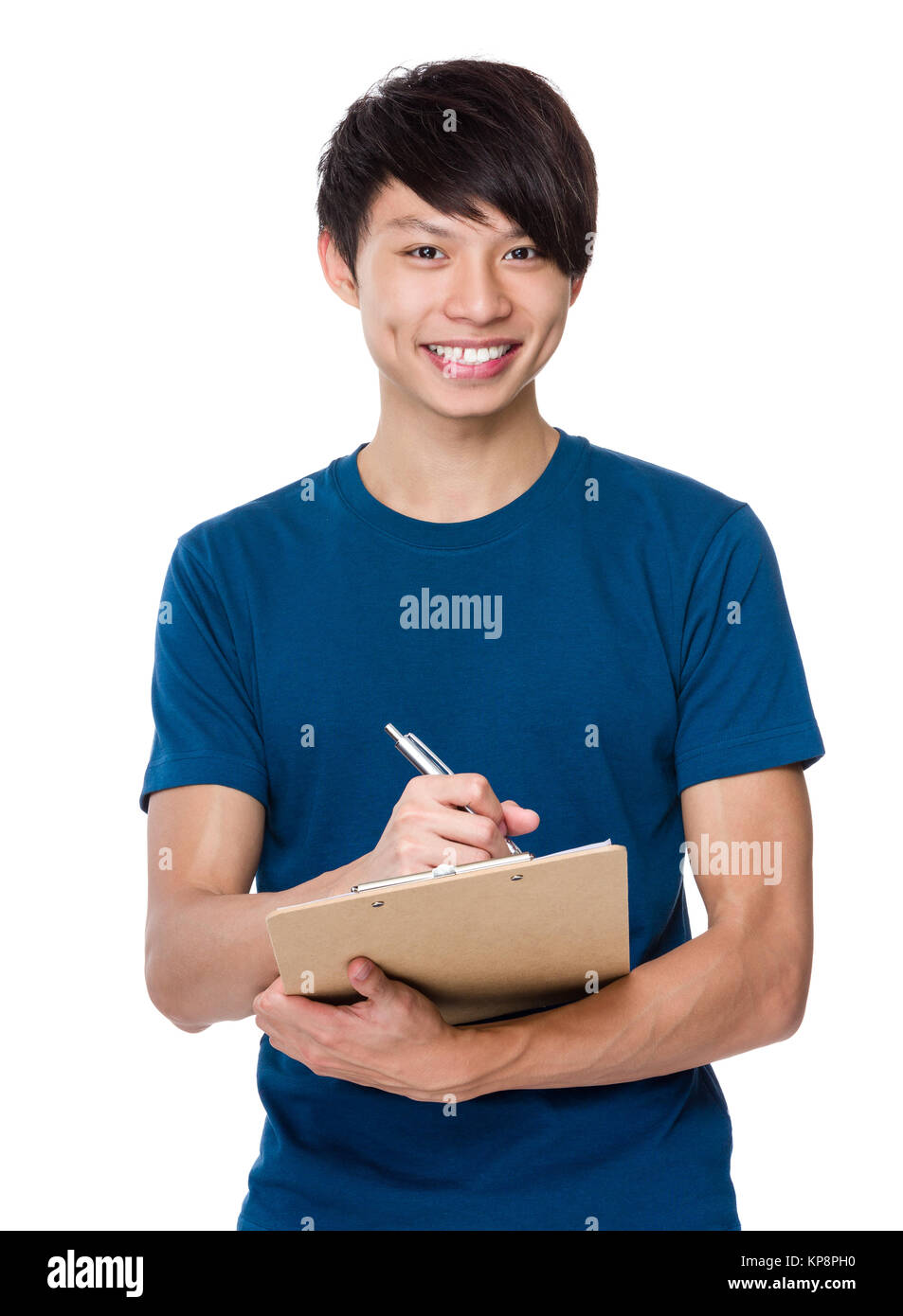 Asian man take note on clipboard Stock Photo - Alamy