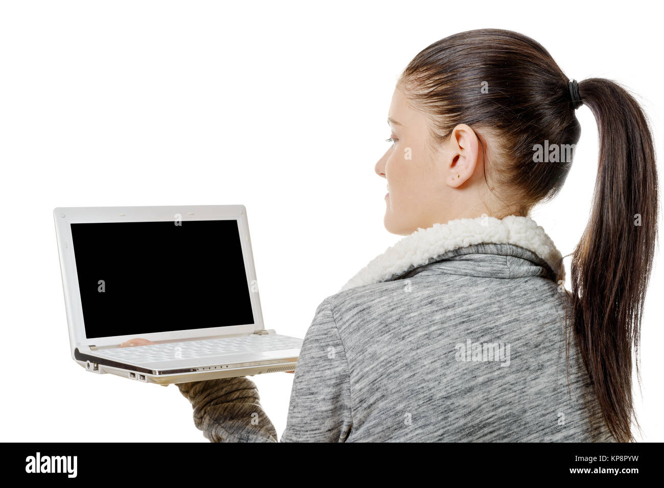 portrait of beautiful girl using laptop with black screen Stock Photo ...
