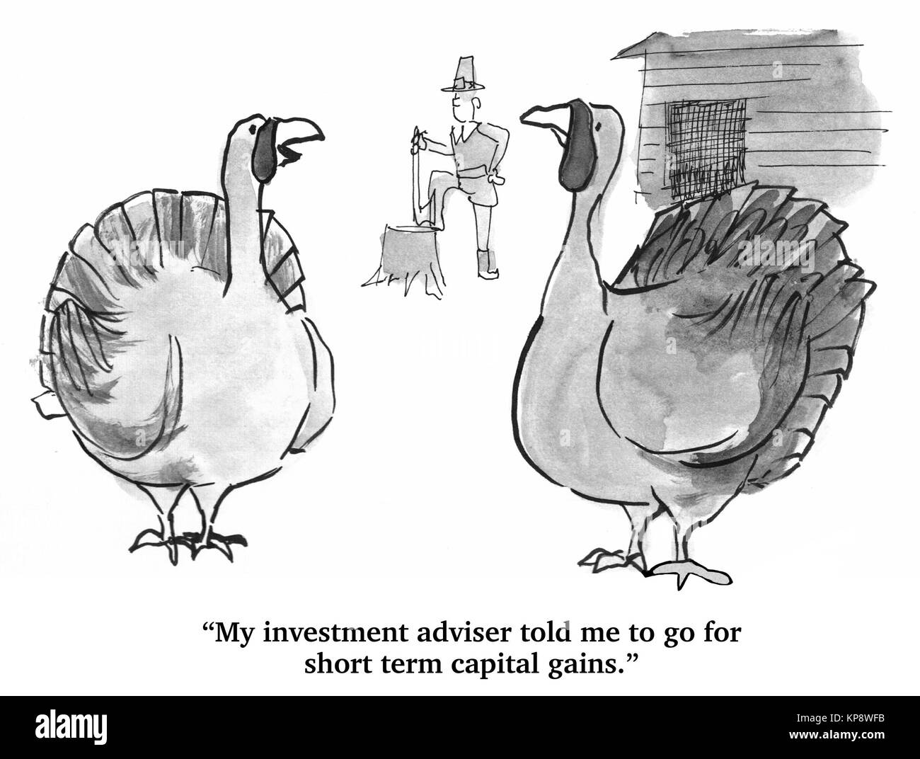 Turkey, with pilgrim in background, says that his investment advisor suggests short term funds. Stock Photo
