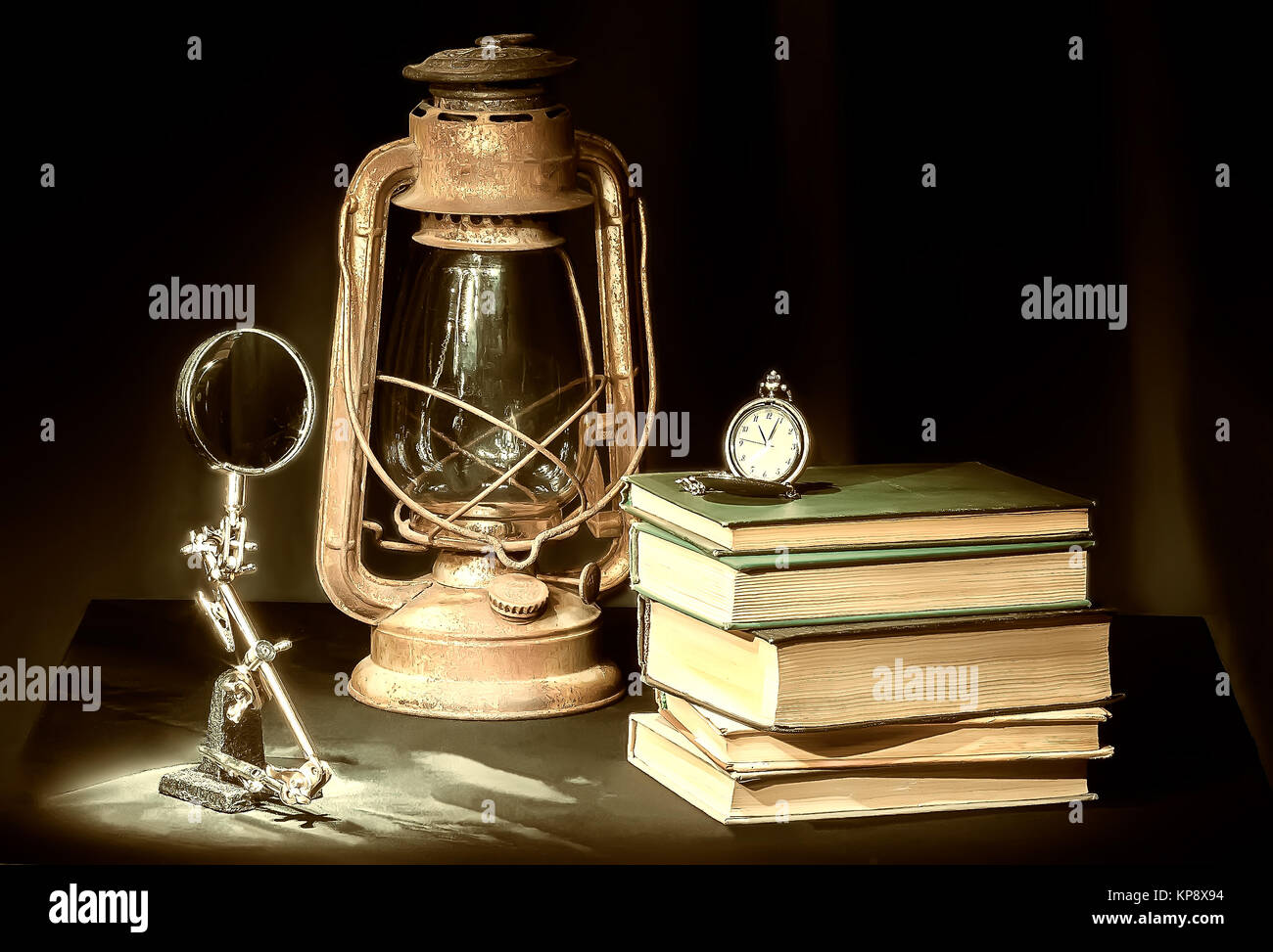 Stilllife with books and kerosene lamp Stock Photo Alamy