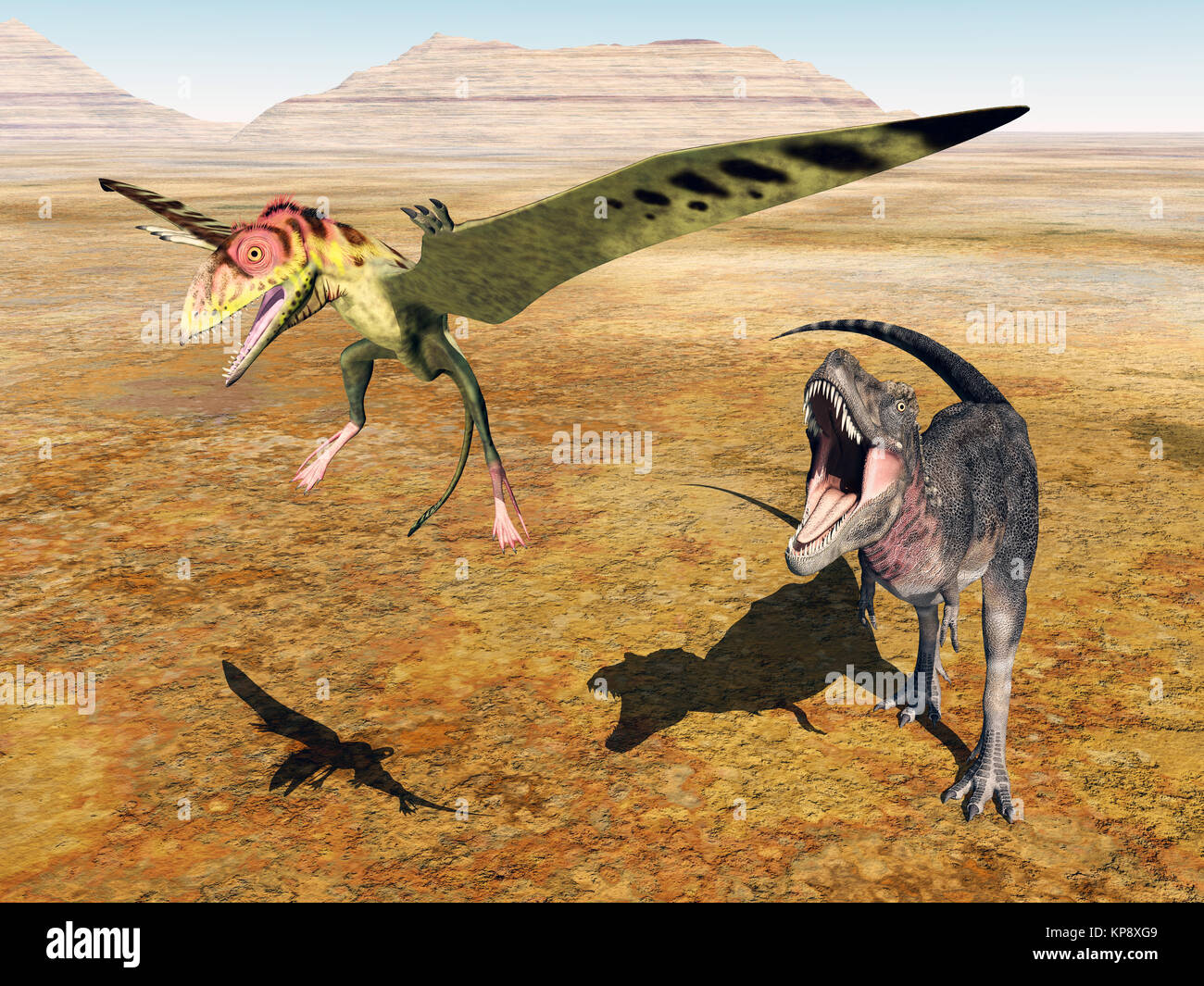 tarbosaurus attacked the peteinosaurus Stock Photo