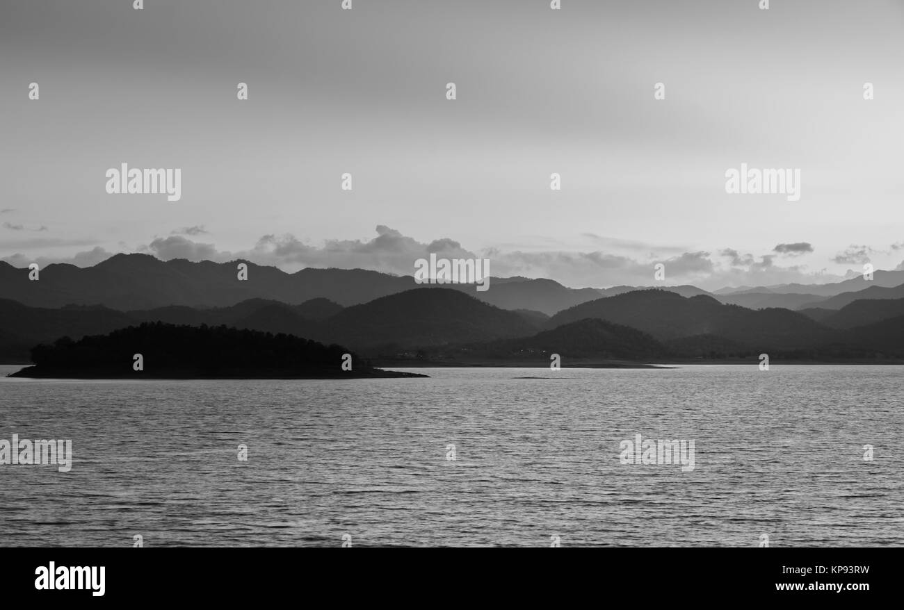 Nature landscape of mountain with lake. Black and white image Stock ...