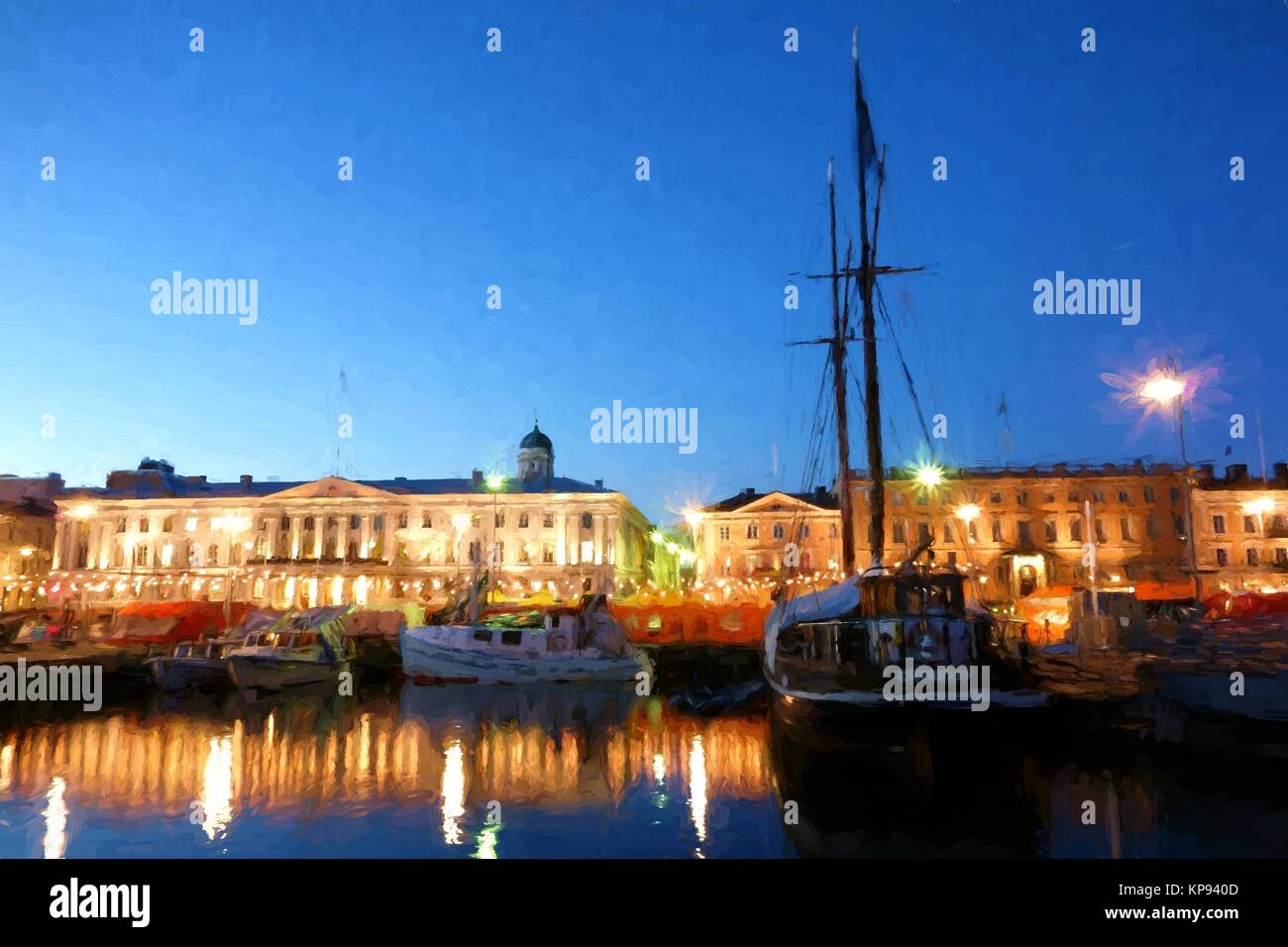 Boats at the Helsinki Market Square on October evening Stock Photo