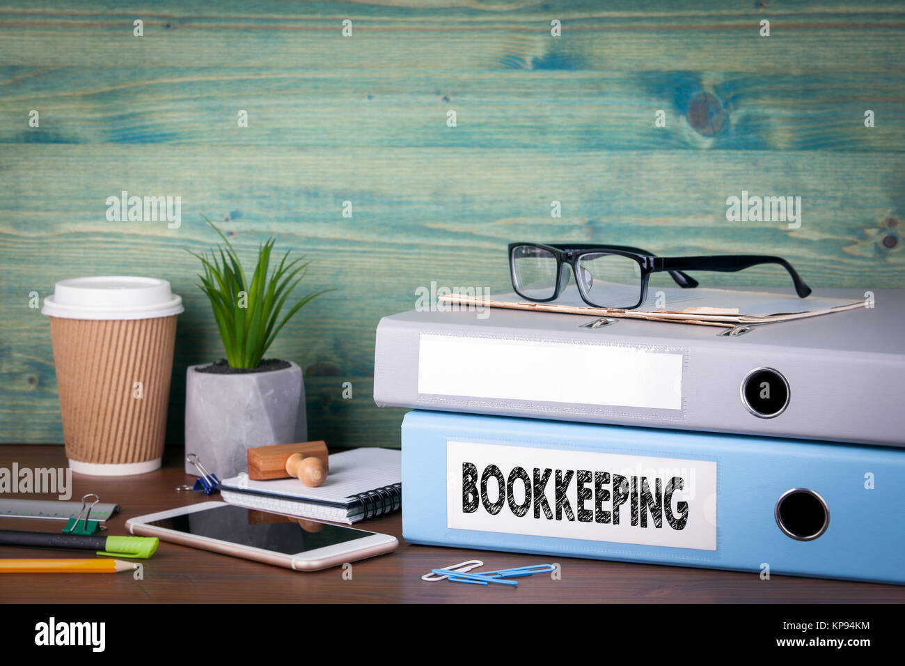 bookkeeping concept. Binders on desk in the office. Business background