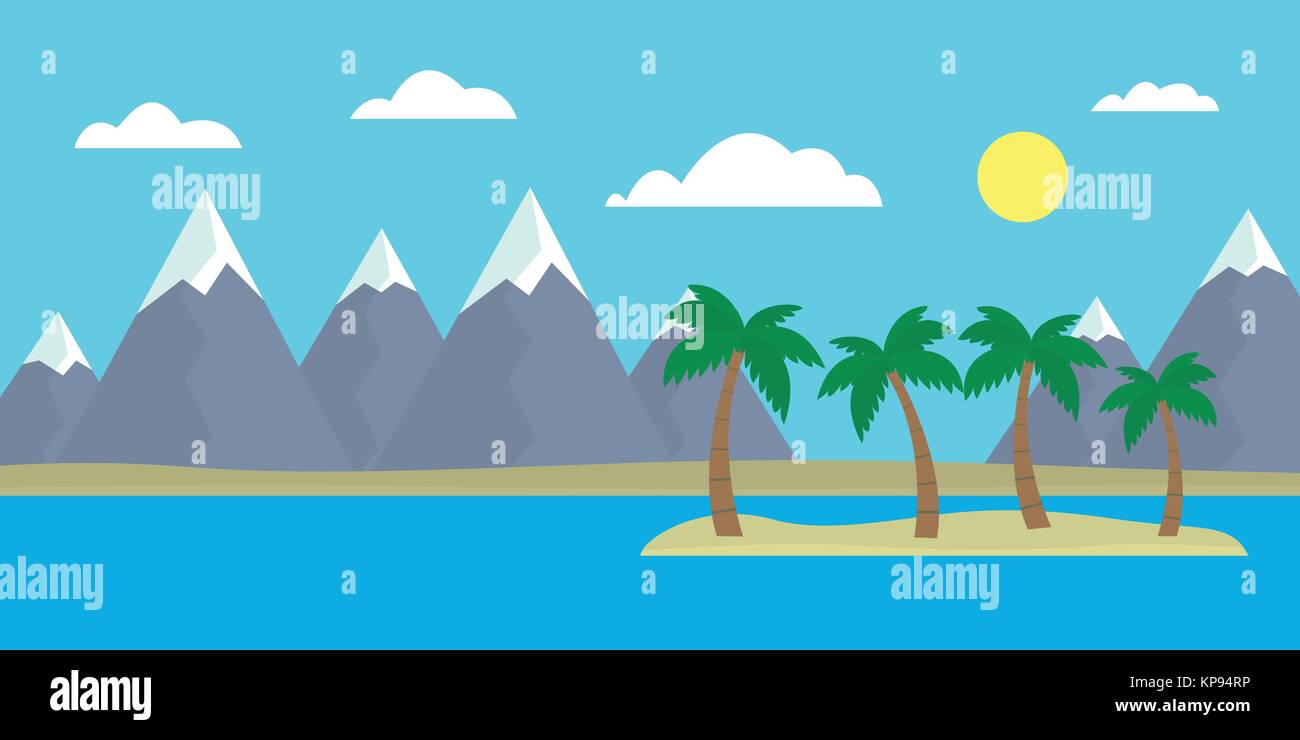 Mountain cartoon view of an island in the sea with hills, trees and gray mountains with peaks under snow under a blue day sky with clouds with a strai Stock Vector