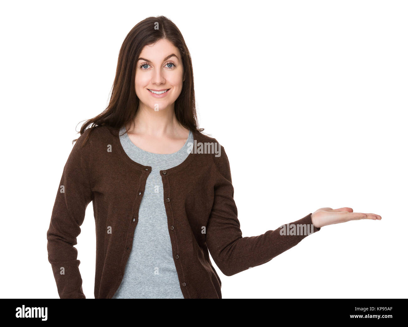 Beautiful woman with hand showing blank sign Stock Photo