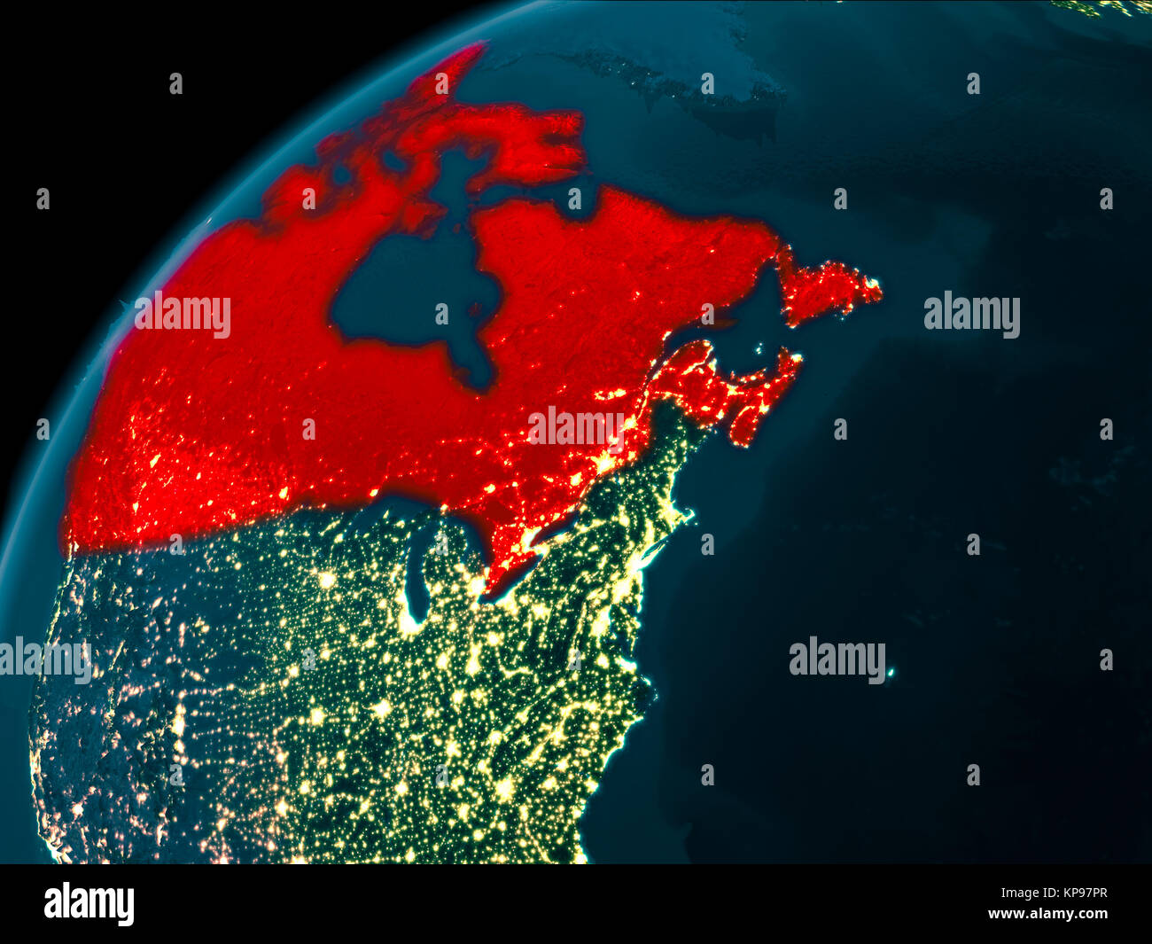 Night map of Canada as seen from space on planet Earth. 3D illustration