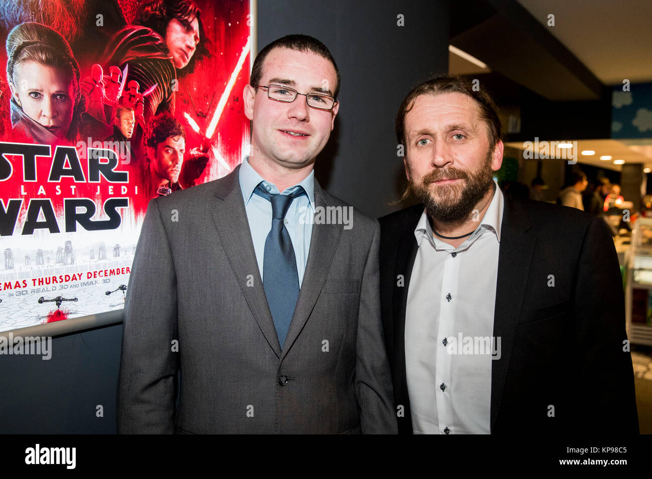 Steel erector Kevin Kelly (L) and scaffold and prop supervisor Eddie Gillan before the appreciation screening at Century Cinemas in Letterkenny, Co. Donegal, Ireland, for those people who worked as extras or tradesmen on Star Wars: The Last Jedi, some scenes of which were filmed on location in Ireland. Stock Photo