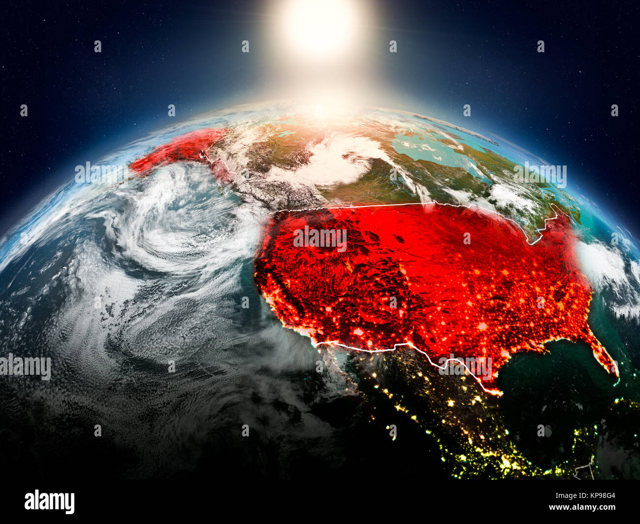 Sunrise above USA highlighted in red on model of planet Earth in space ...