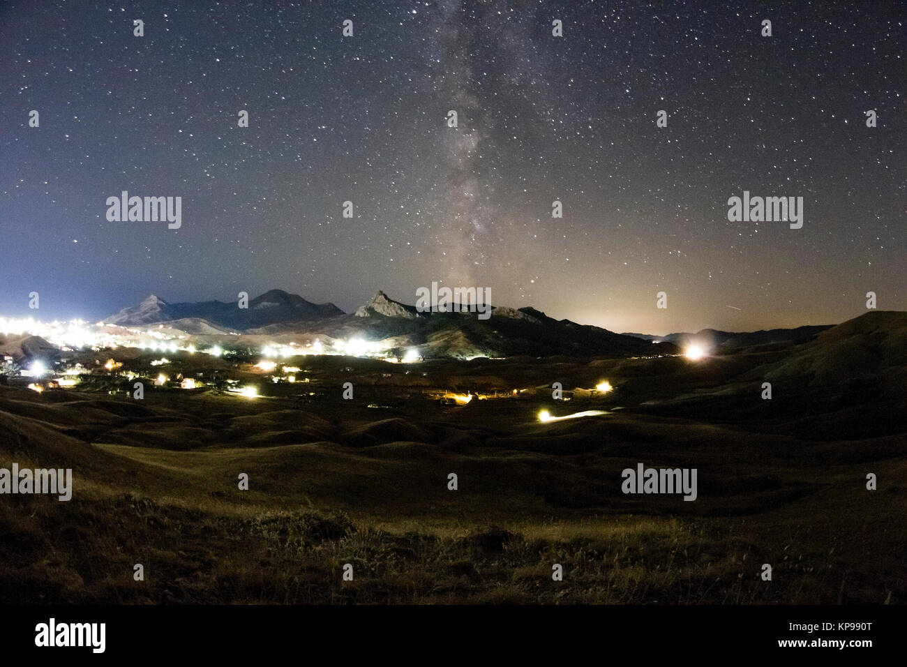 milky way over the mountain valley Stock Photo