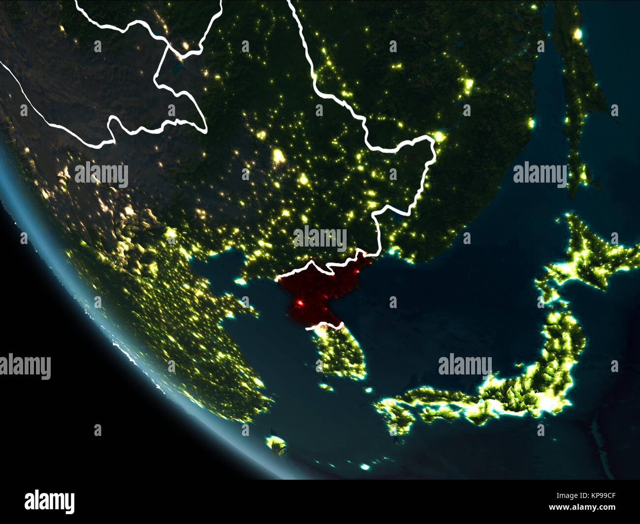 Satellite view of North Korea highlighted in red on planet Earth at night with borderlines and city lights. 3D illustration. Elements of this image fu Stock Photo