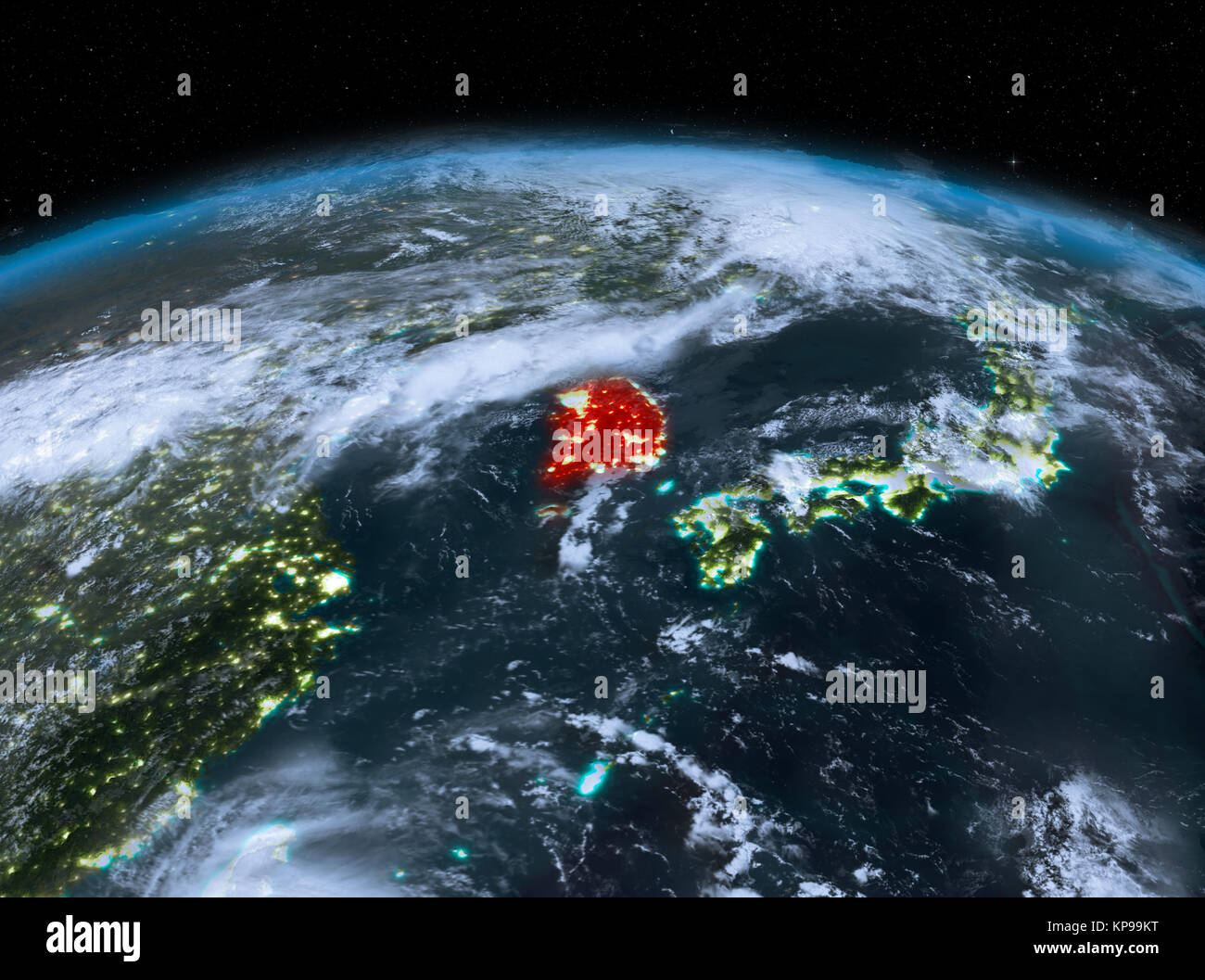 Satellite night view of South Korea highlighted in red on planet Earth ...