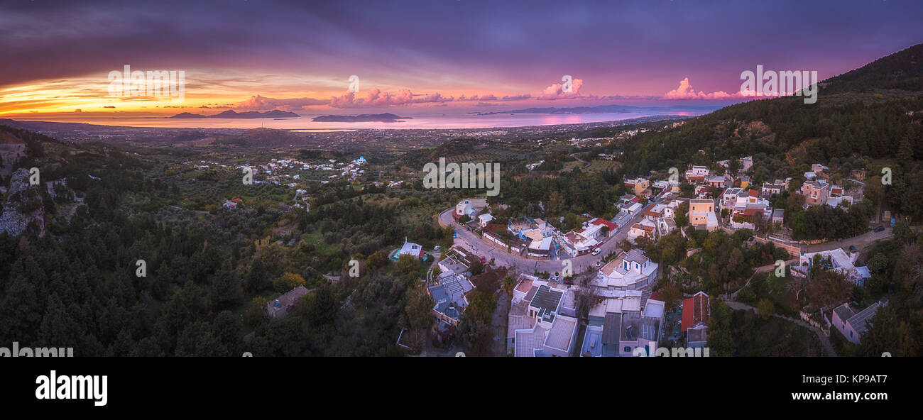 Zia Sunset Panorama, Kos island Greece. Stock Photo