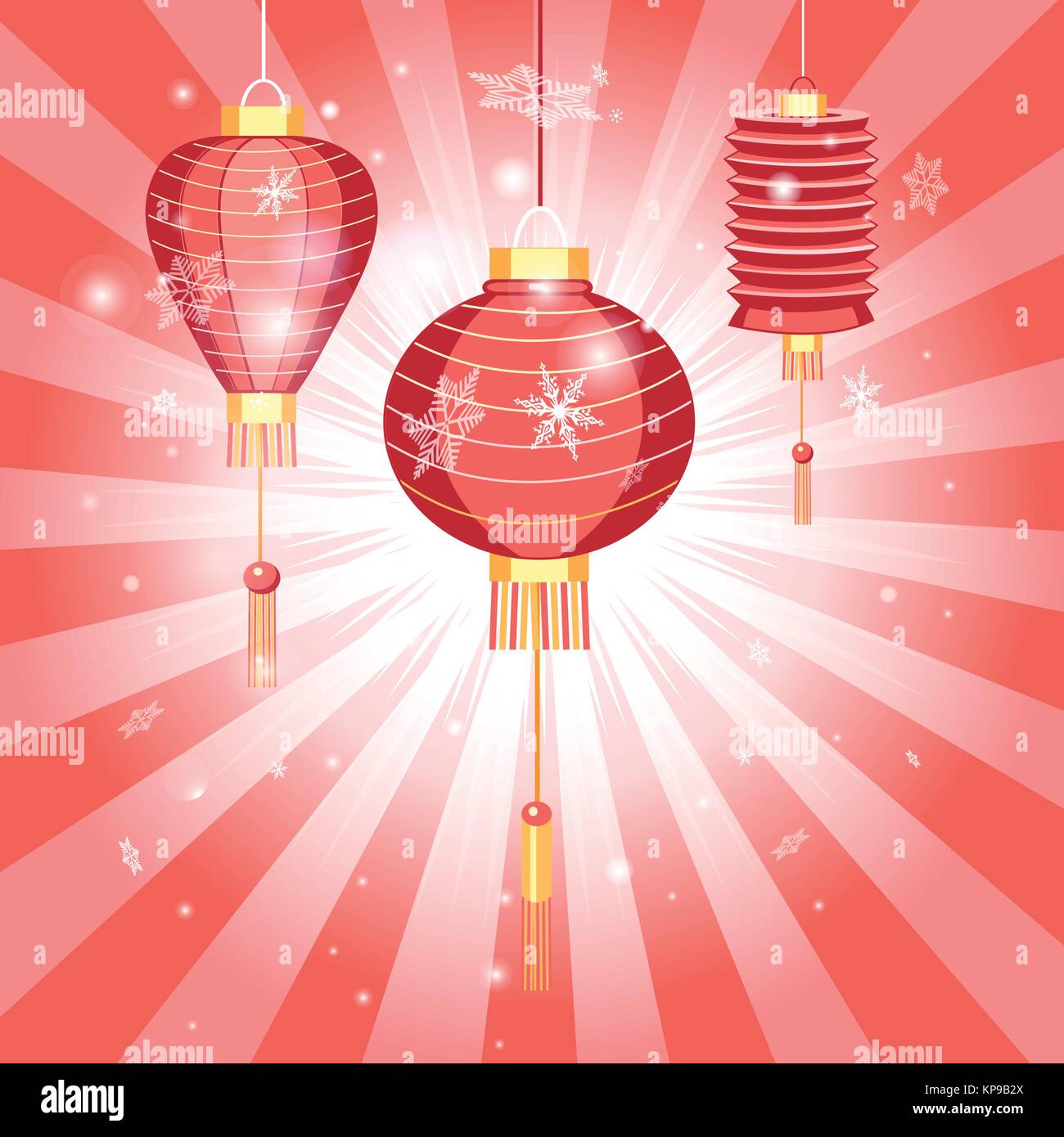 New Years bright postcard with Chinese lanterns on a red background ...