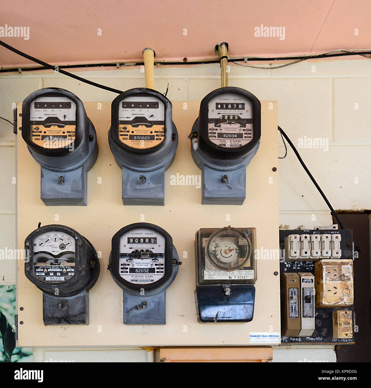 Old style electricity meters in the small rural town of Mt Molloy, Atherton Tablelands, Far North Queensland, FNQ, QLD, Australia Stock Photo