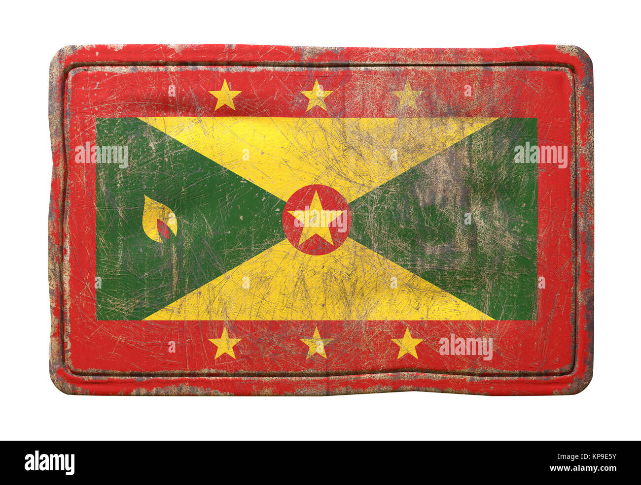 3d rendering of a Grenada flag over a rusty metallic plate. Isolated on white background. Stock Photo