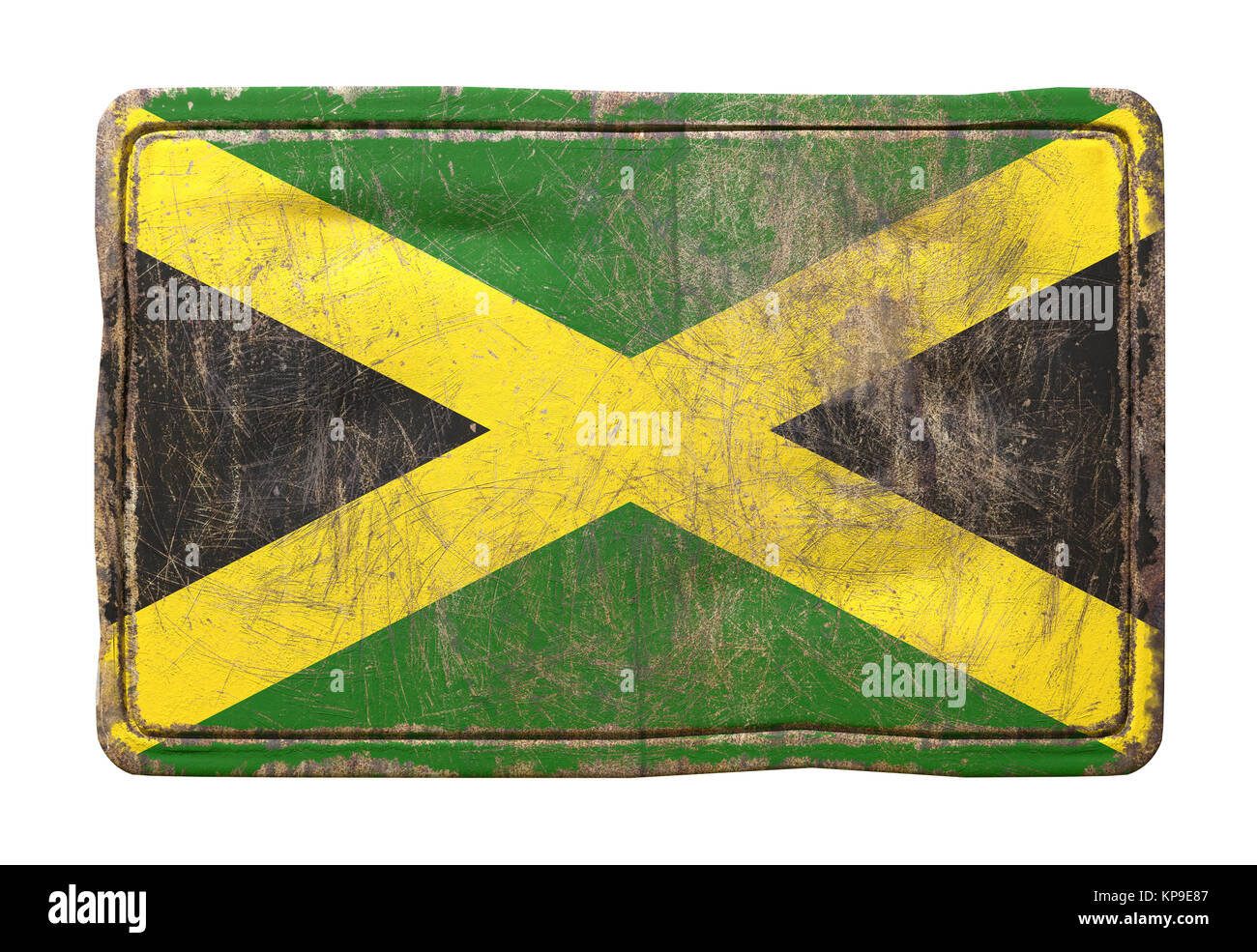3d rendering of a Jamaica flag over a rusty metallic plate. Isolated on ...