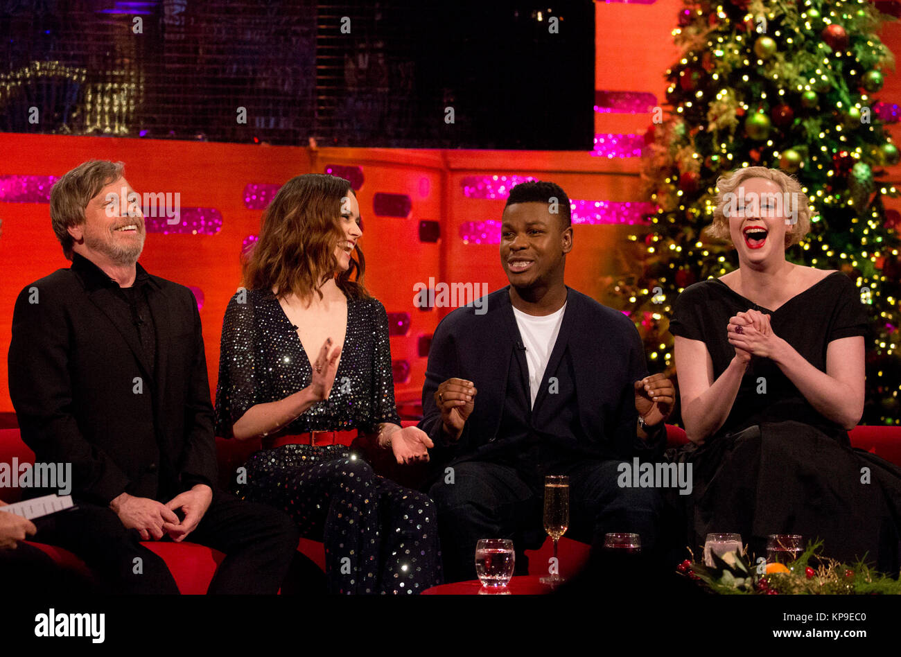 (left to right) Mark Hamill, Daisy Ridley, John Boyega and Gwendoline