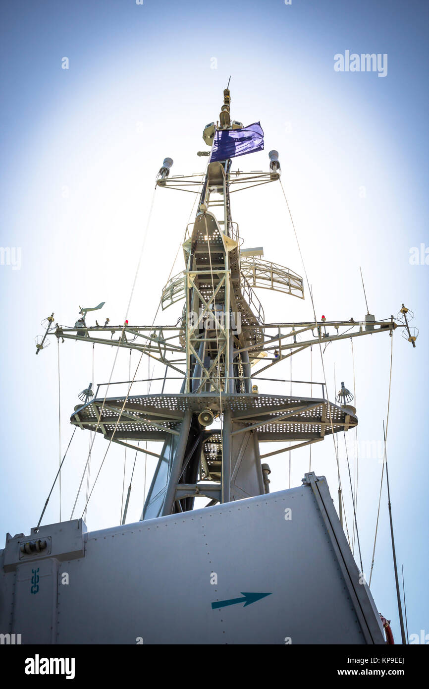 Mast and radar on battleship Stock Photo