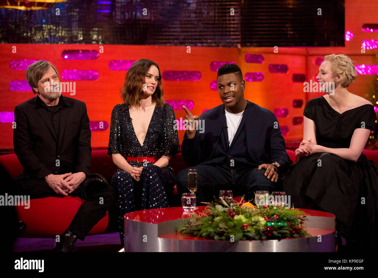(left to right) Mark Hamill, Daisy Ridley, John Boyega and Gwendoline