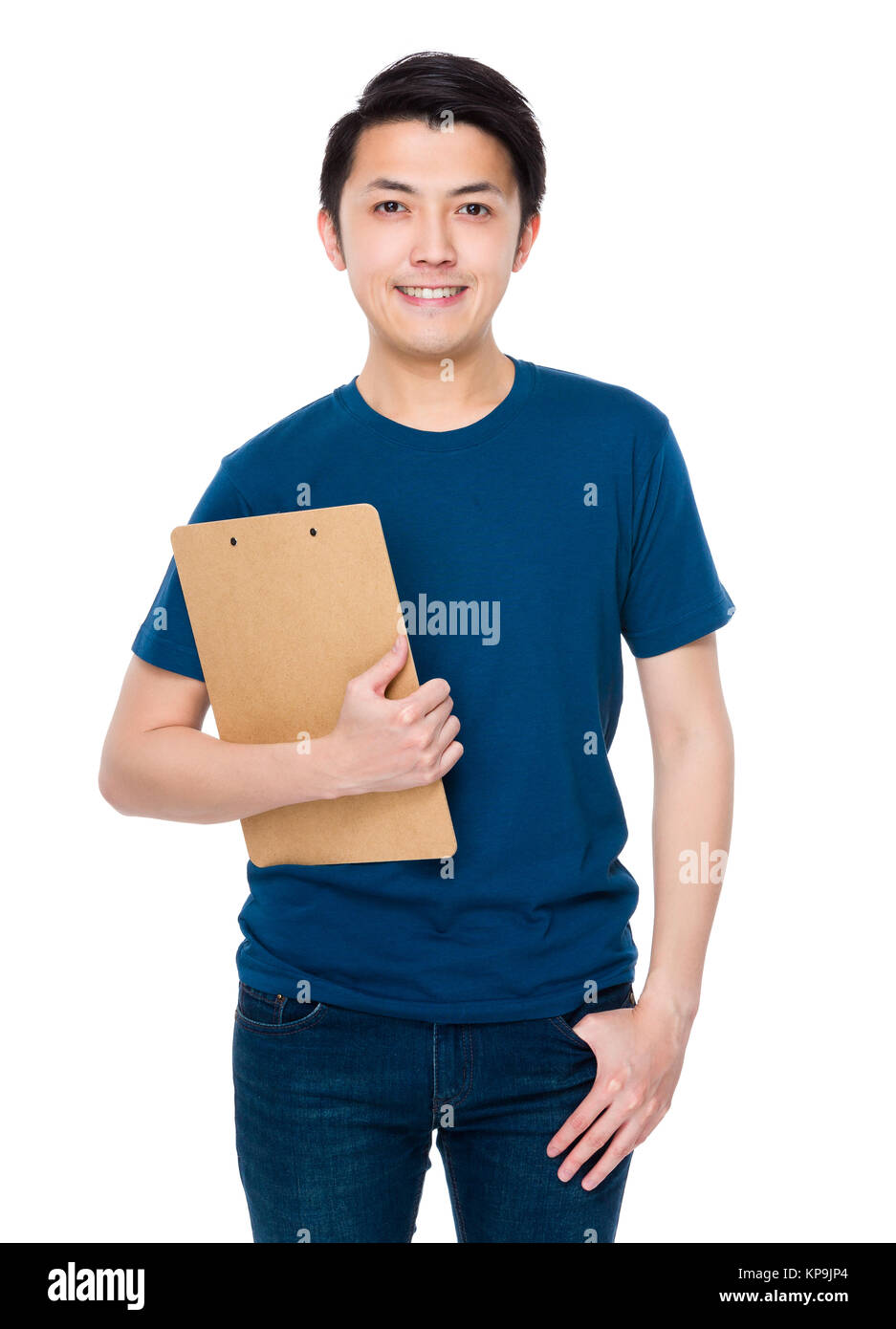 Asian young man hold with clipboard Stock Photo - Alamy