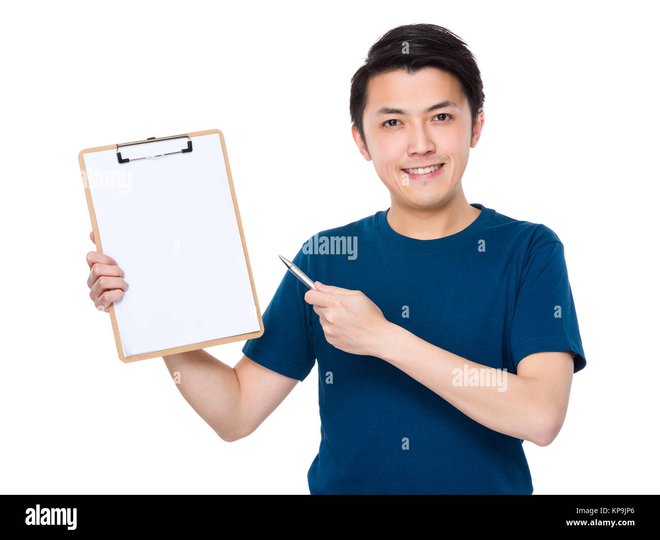 Asian man with finger point to clipboard Stock Photo - Alamy