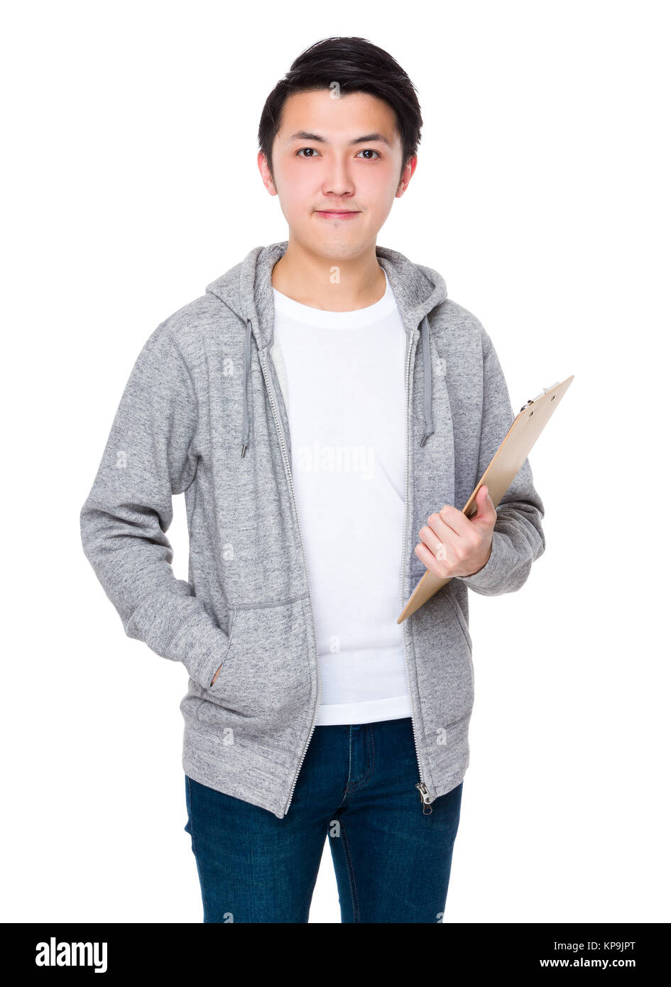 Asian Young Man hold with clipboard Stock Photo - Alamy