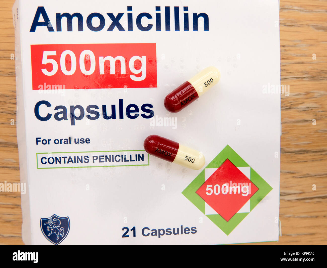 Colour-coded capsules of anti-biotic medicine AMOXICILLIN 500mg and package in UK Stock Photo