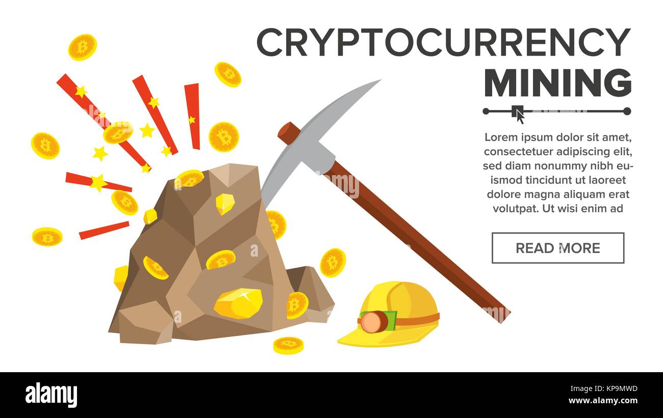 Rock With Gold Coins Vector. Bitcoin Cryptocurrency Concept. Mine, Pick,  Helmet. Digging To Get Virtual Coins. Flat Cartoon Illustration Stock  Vector Image & Art - Alamy