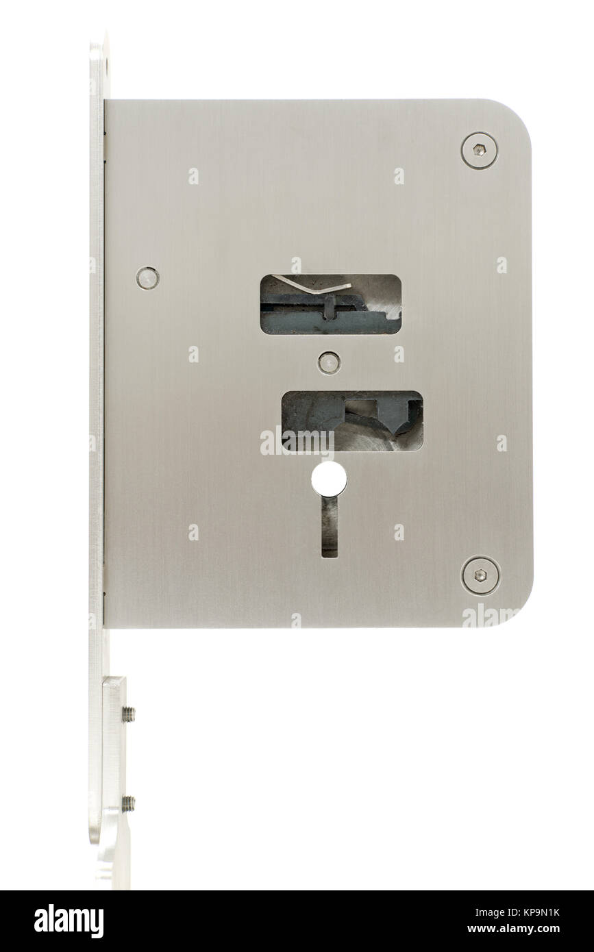 Side view of basic door lock. The inside mechanism is visible through openings. Stock Photo