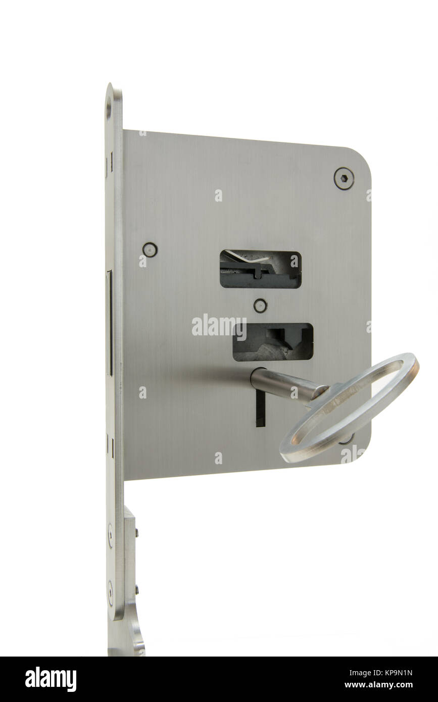 View of a basic door lock in the open position. The inside mechanism is