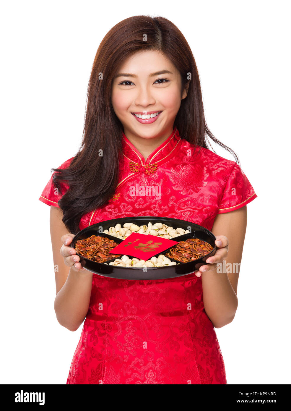 Young Chinese woman hold with snack tray Stock Photo Alamy