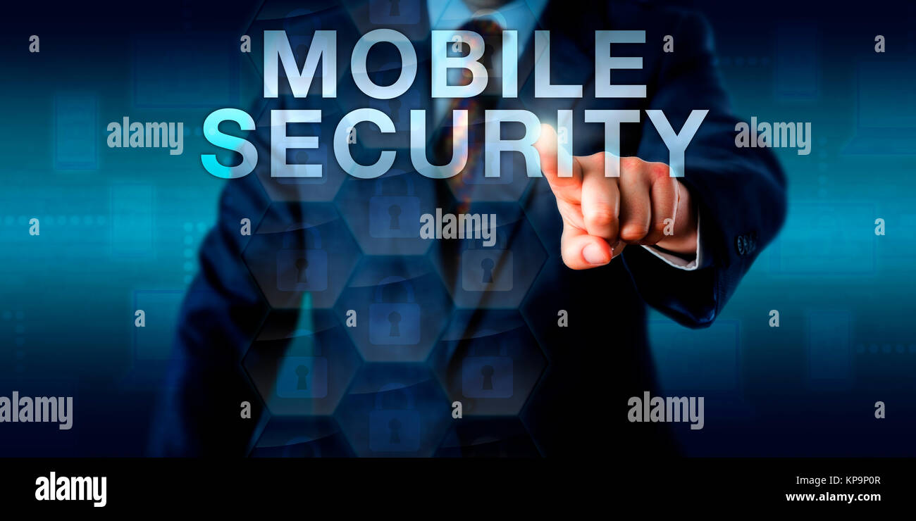 Supervisor Touching MOBILE SECURITY Onscreen Stock Photo