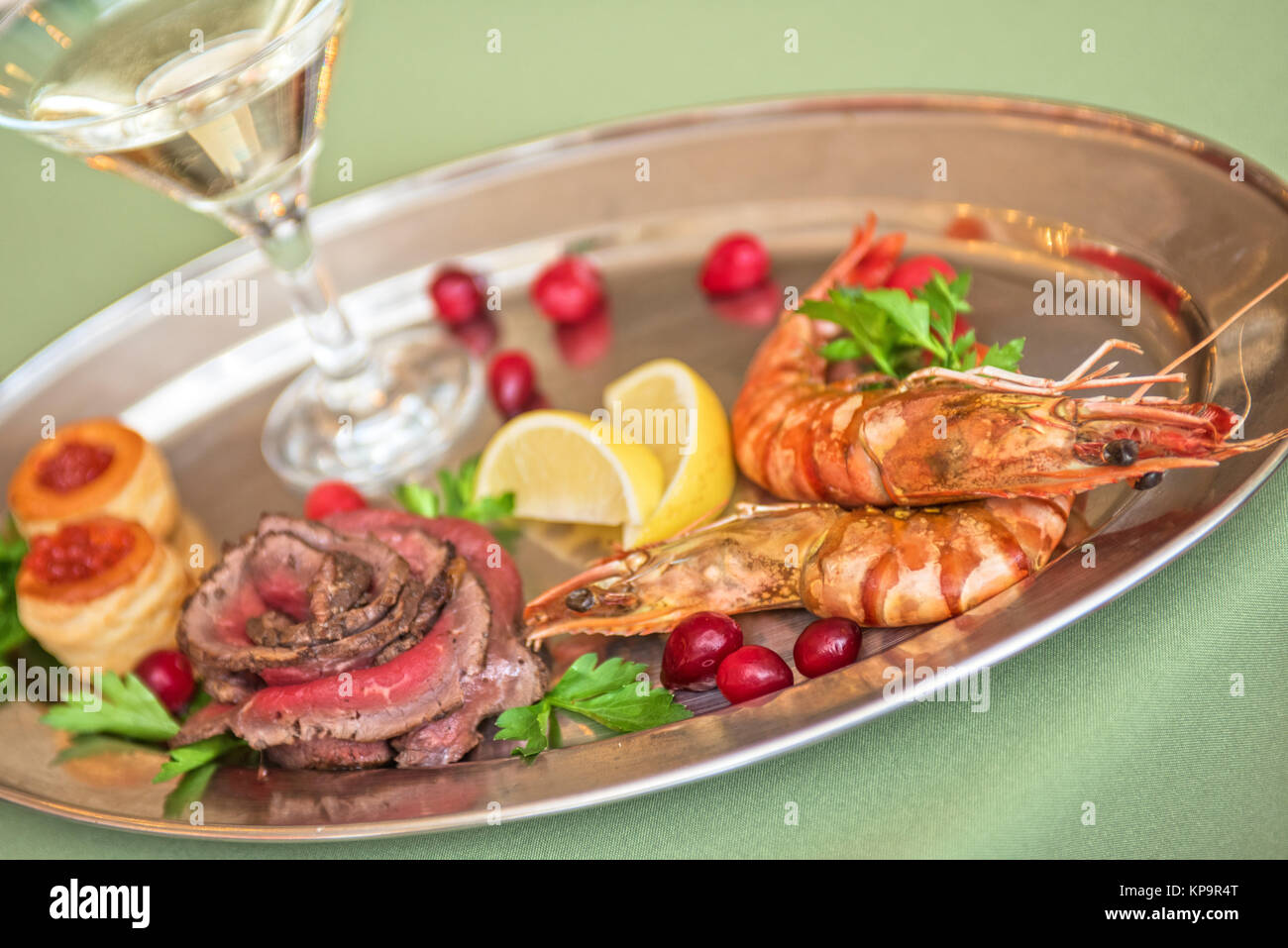 Grilled shrimps and beef meat Stock Photo