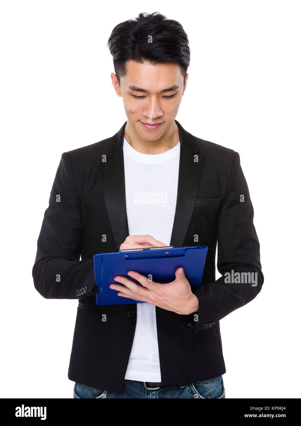 Businessman take note on clipboard Stock Photo - Alamy