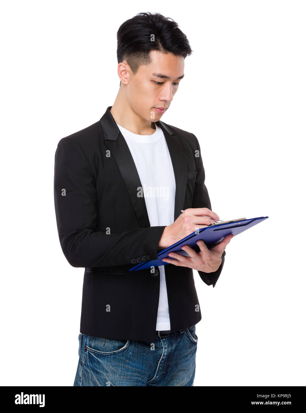Young businessman take note on clipboard Stock Photo - Alamy