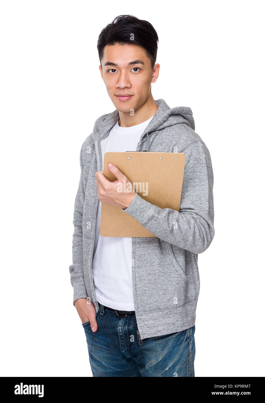 Asian man hold with clipboard Stock Photo - Alamy