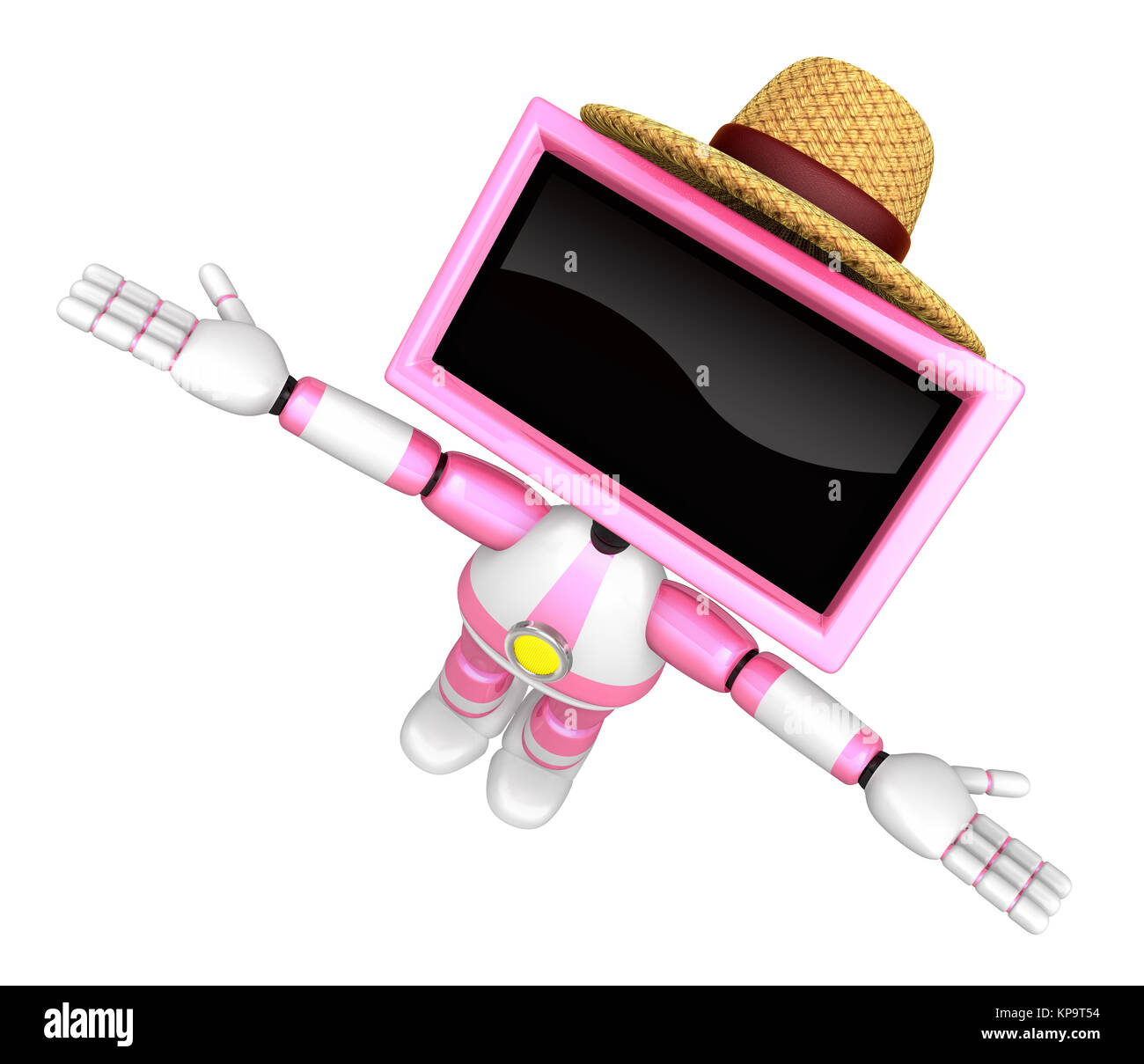 Pink TV robot flying towards the sky. Create 3D Television Robot Series. Stock Photo