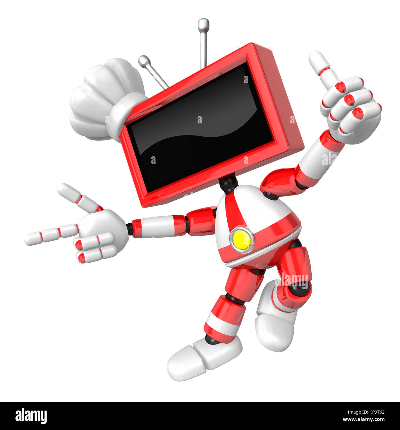 Red TV character are kindly guidance. Create 3D Television Robot Series. Stock Photo
