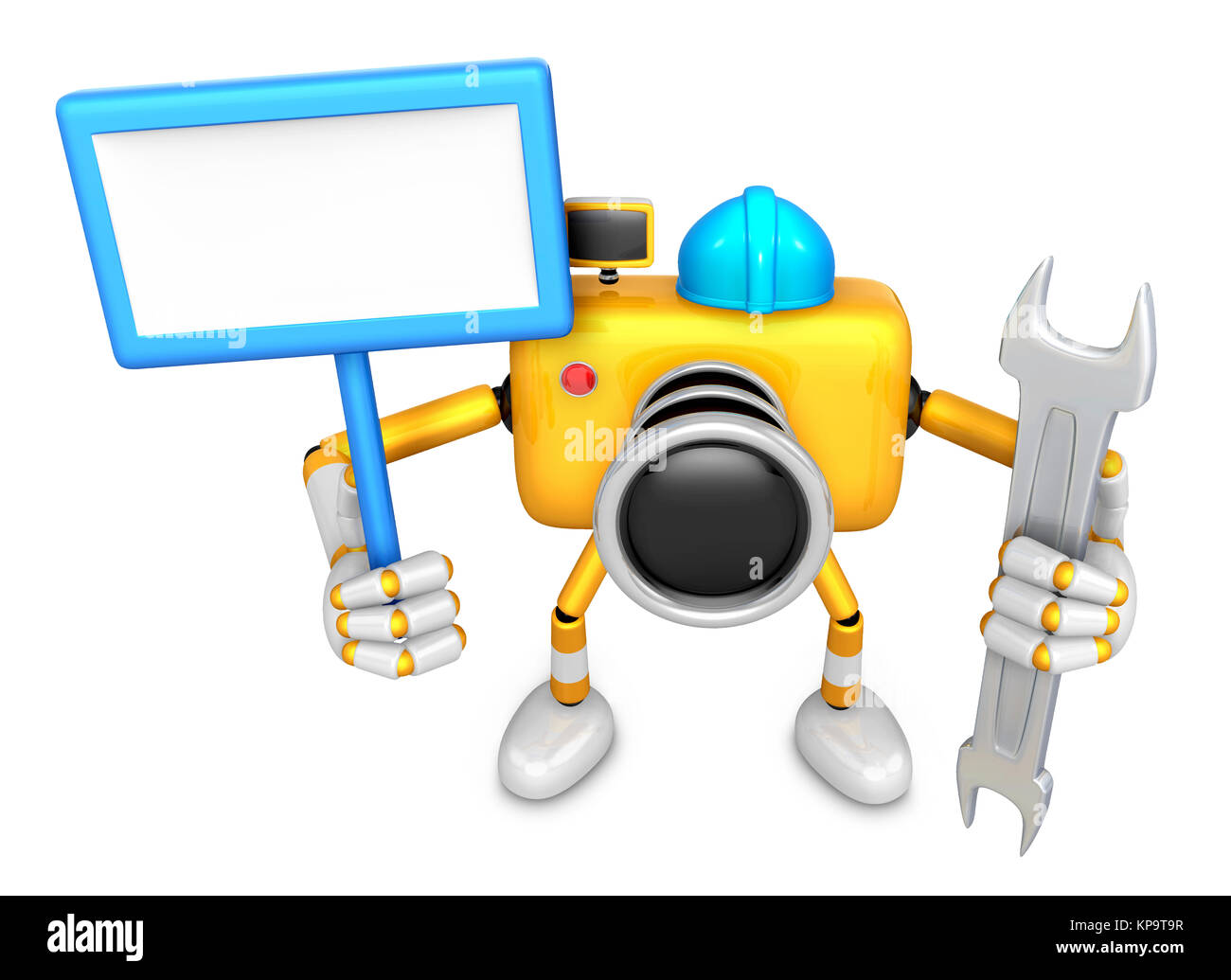 The left hand Holding the board Engineer Yellow Camera Character. The right hand is holding a Spanner. Create 3D Camera Robot Series. Stock Photo