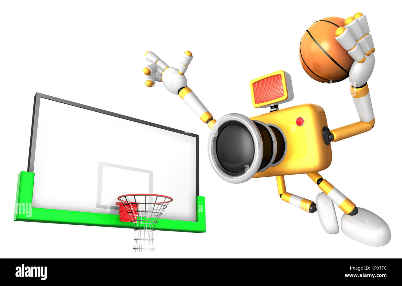 Yellow camera basketball player Vigorously jumping. Create 3D Camera