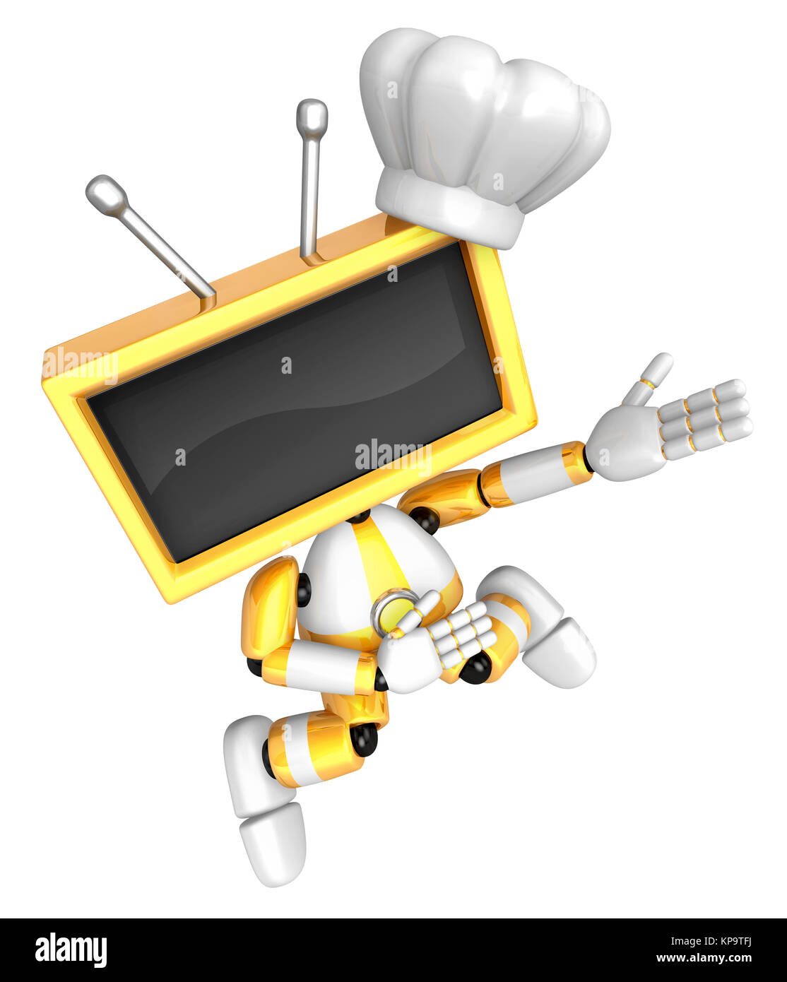 Yellow TV character are kindly guidance. Create 3D Television Robot Series. Stock Photo