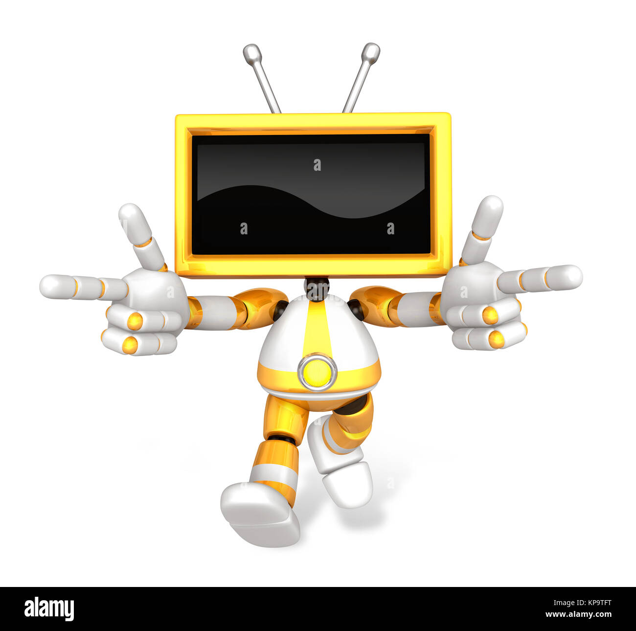Yellow TV character are kindly guidance. Create 3D Television Robot Series. Stock Photo