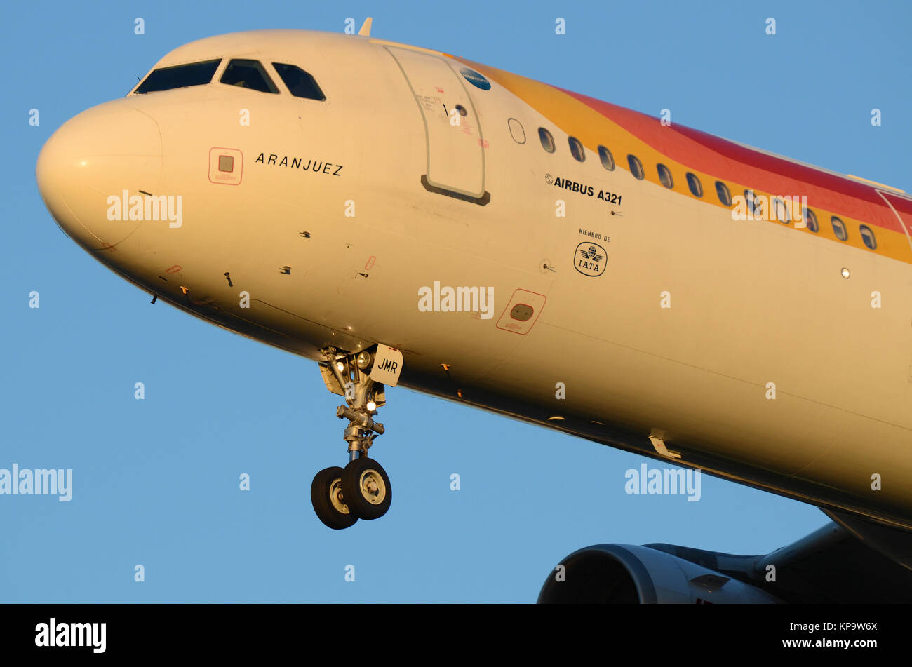 Iberia Airbus A321 -200 jet plane registration EC-JMR named Aranjuez landing at London Heathrow Airport, UK Stock Photo