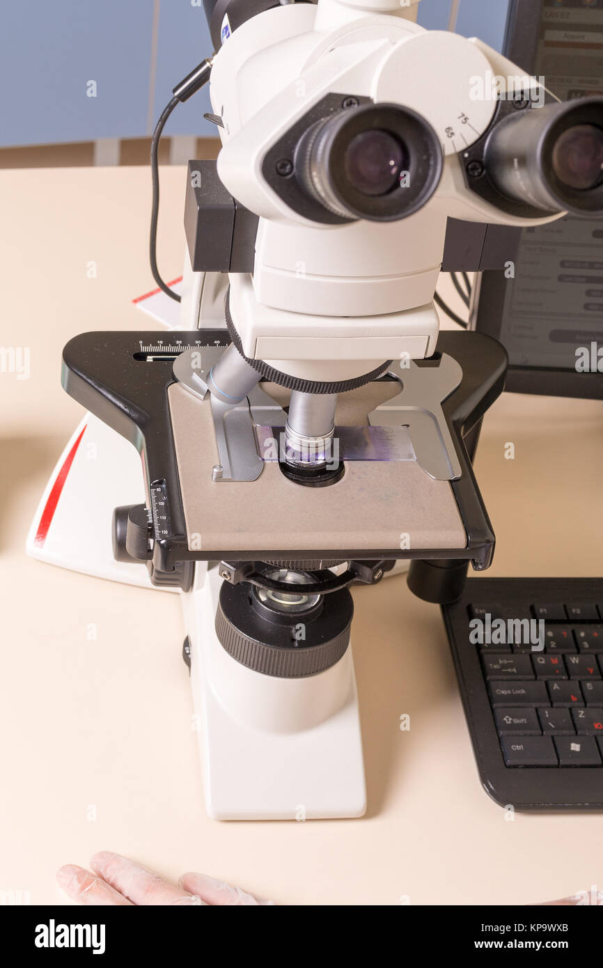 Medical or scientific researcher using a microscope in laboratory ...