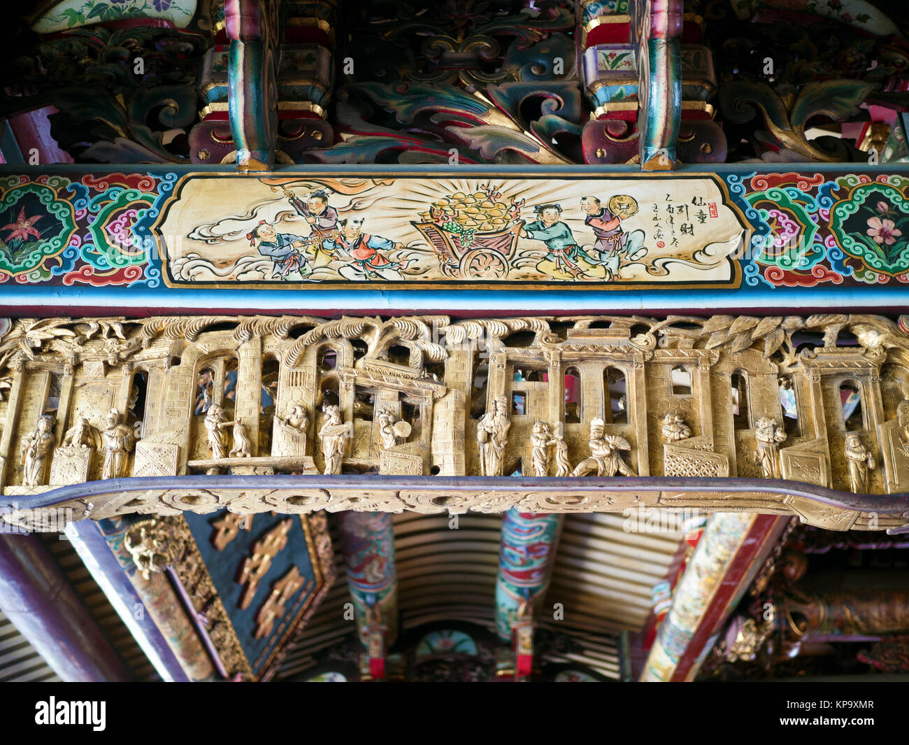 Beautiful Chinese temple roof detail with colorful architectural work in Taipei,Taiwan. Stock Photo