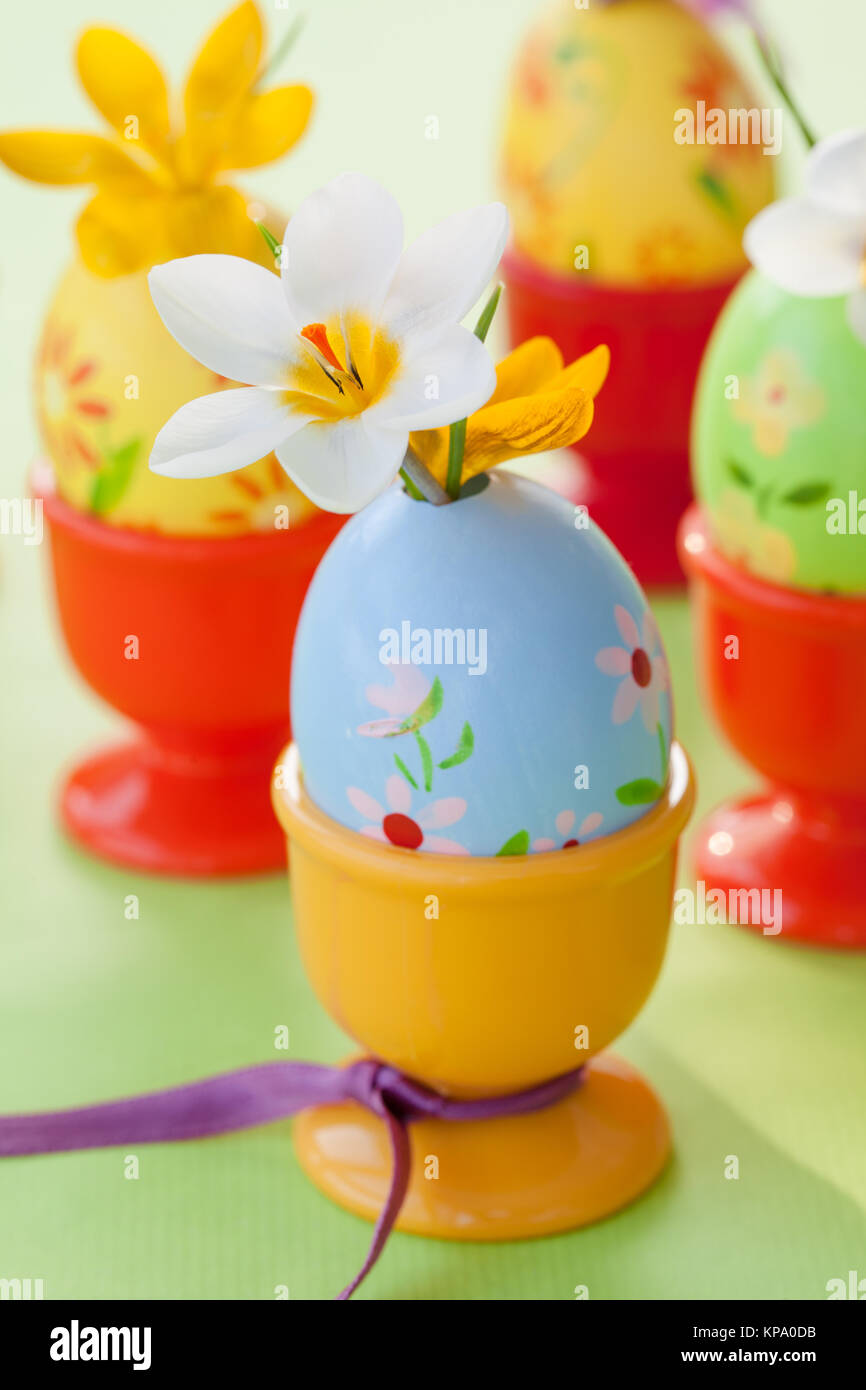 crocuses in colored easter eggs Stock Photo
