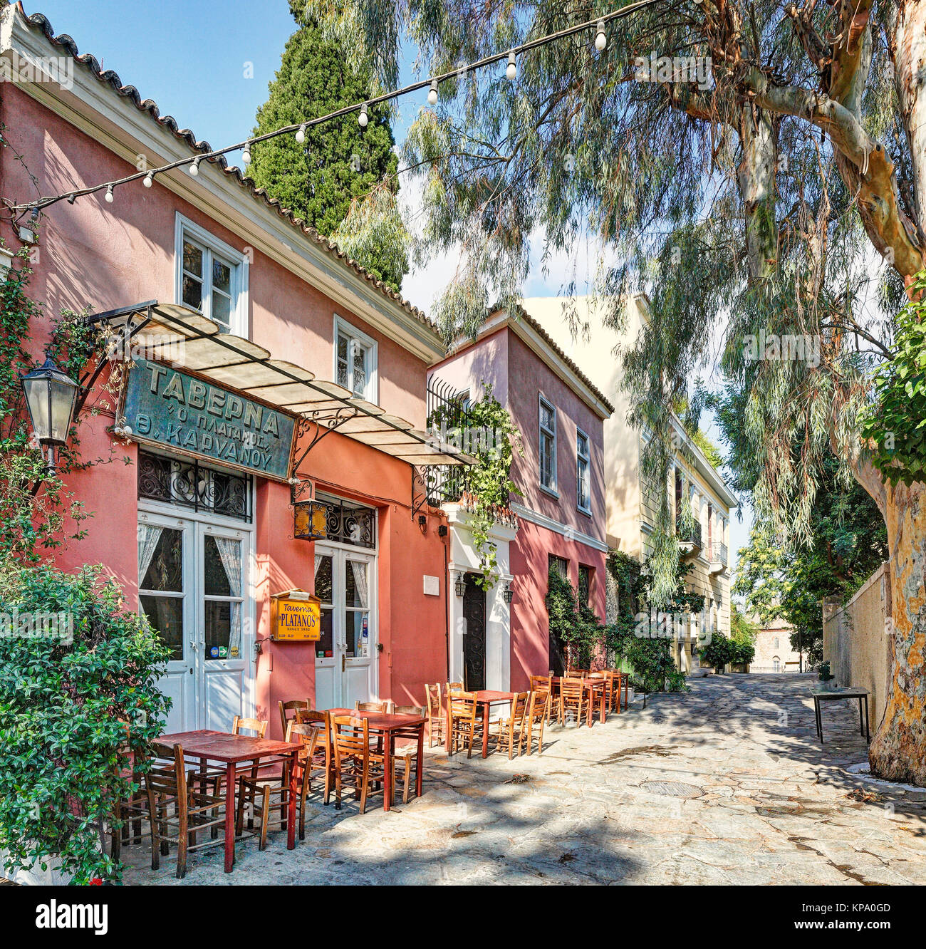 A picturesque restaurant of Plaka in Athens, Greece Stock Photo