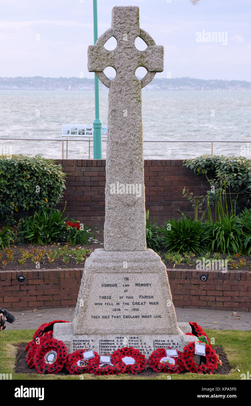 Civic War Memorial on the Lee seafront, near Portsmouth, during a commemoration to mark the seventieth anniversary of the D-Day landings. Wreaths Stock Photo
