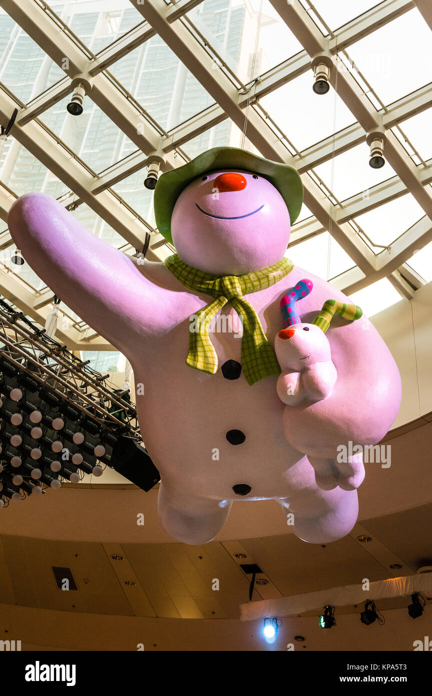 Snowman flying Christmas display at a shopping mall, Elements Mall, in Hong Kong Stock Photo